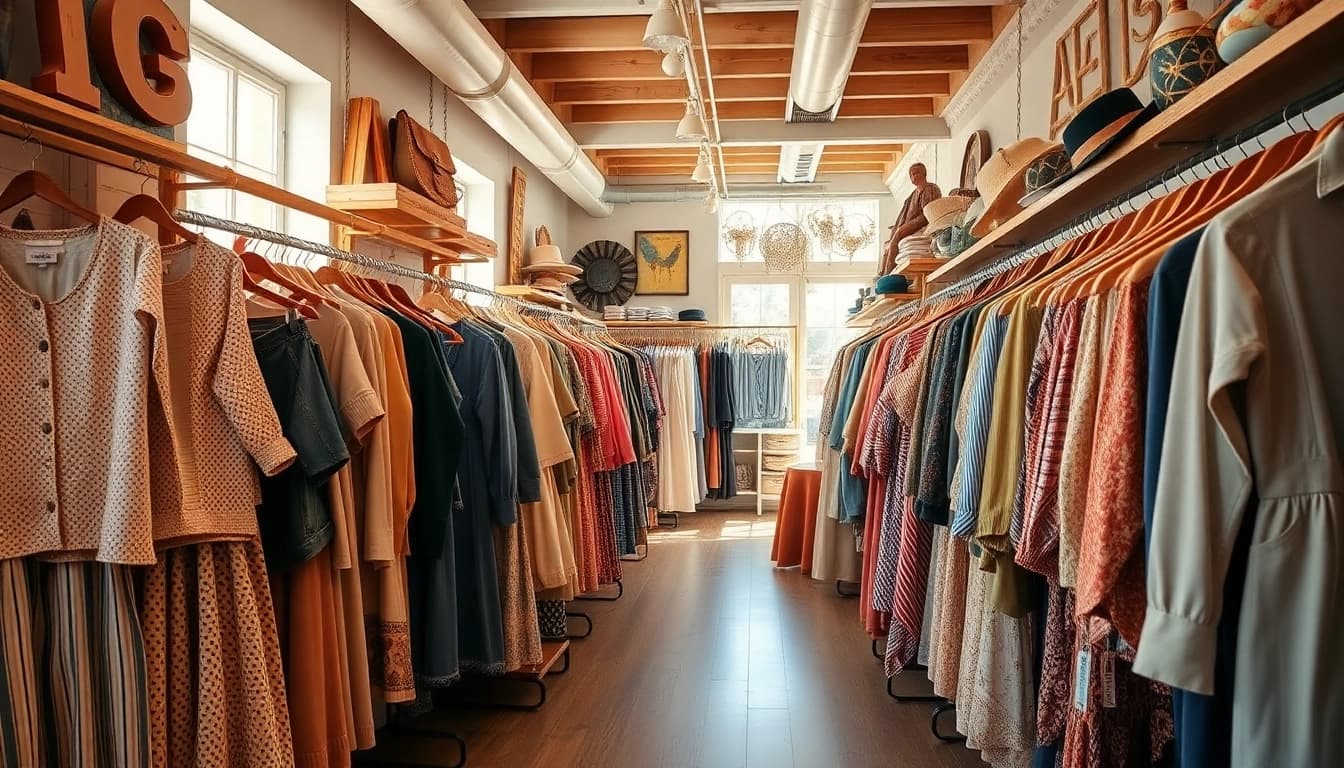 Find unique vintage clothing at https://thrift-vintage.com in a stylish thrift shop setting.