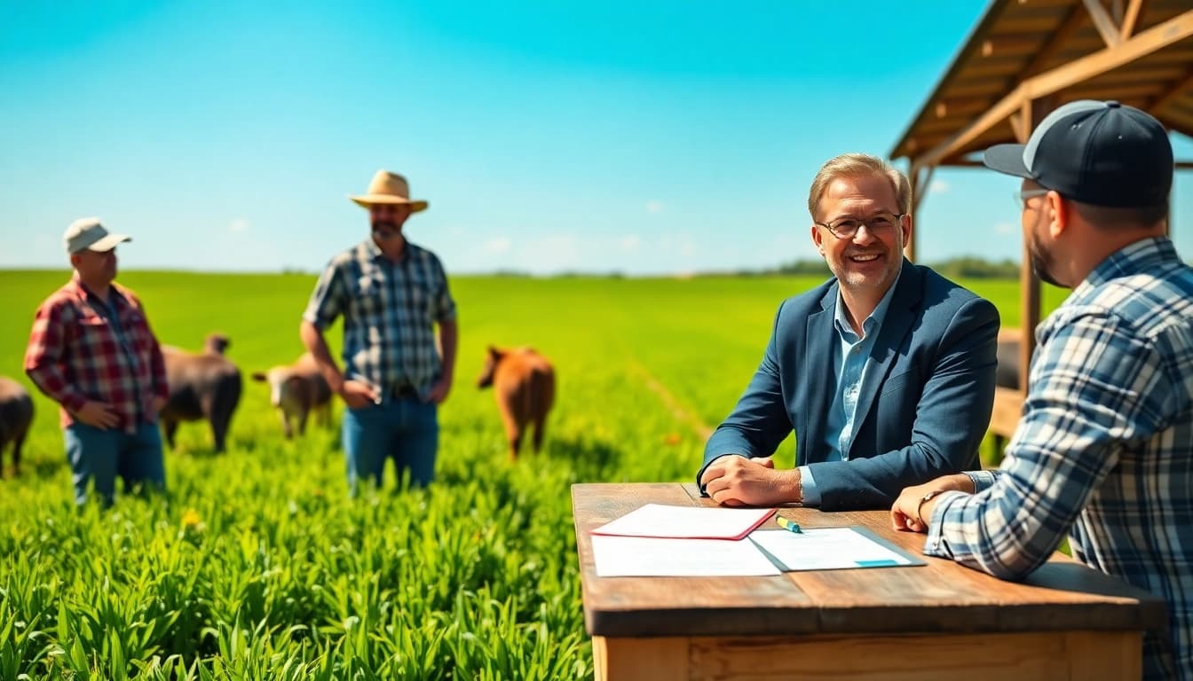 Agriculture lawyer consulting with farmers in a vibrant field setting.