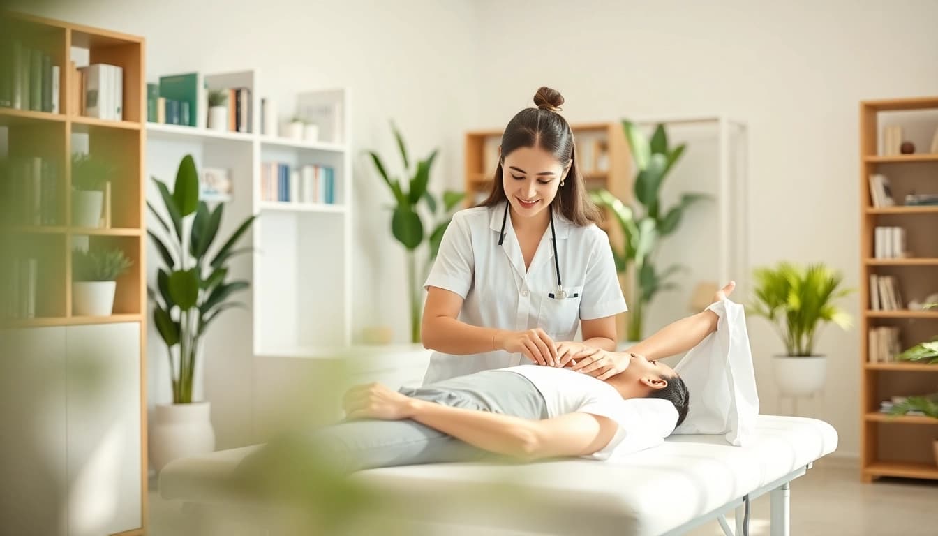Physiotherapie mit einem professionellen Therapeuten, der Technik an Patienten demonstriert.