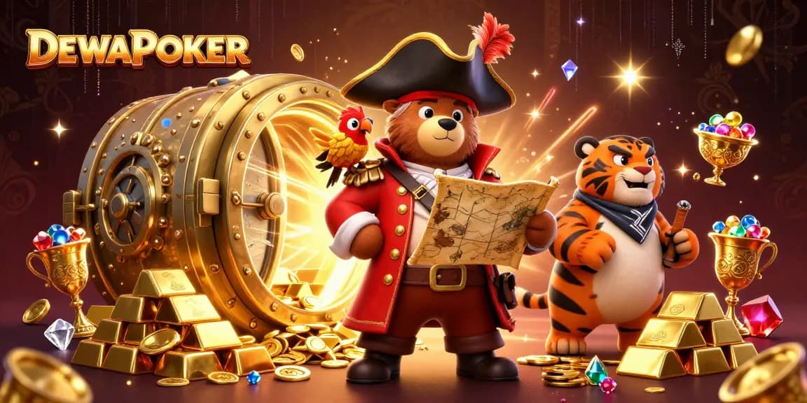 Play thrilling poker games with DEWAPOKER in an engaging treasure-filled scene.
