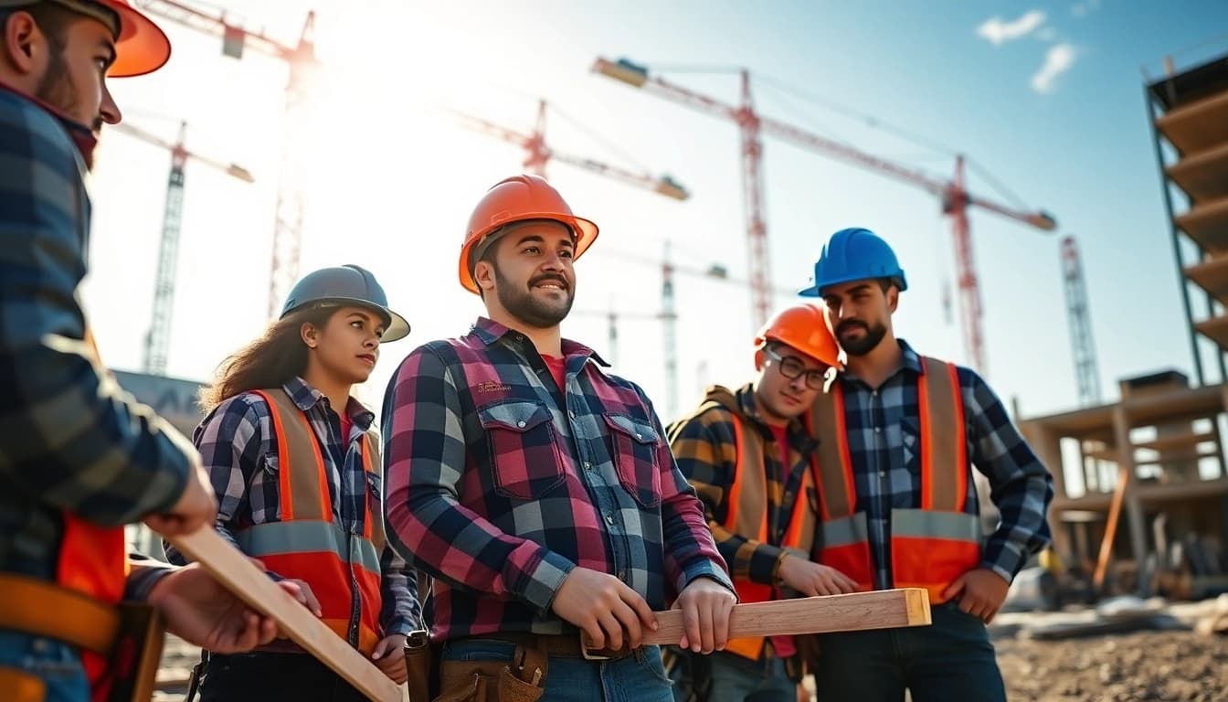 Showcase of construction apprenticeships carolinas with diverse individuals collaborating at a vibrant job site.