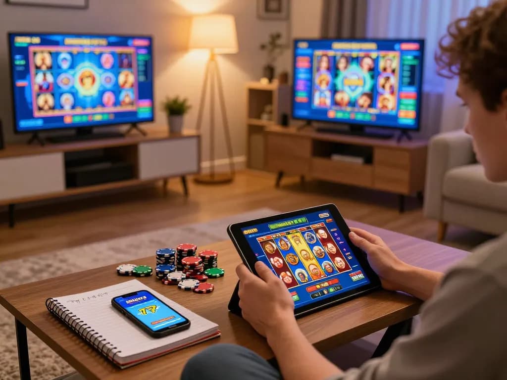 Engaged player interacting with the alexis77 slot app on a tablet at home, showcasing an inviting gaming setup.