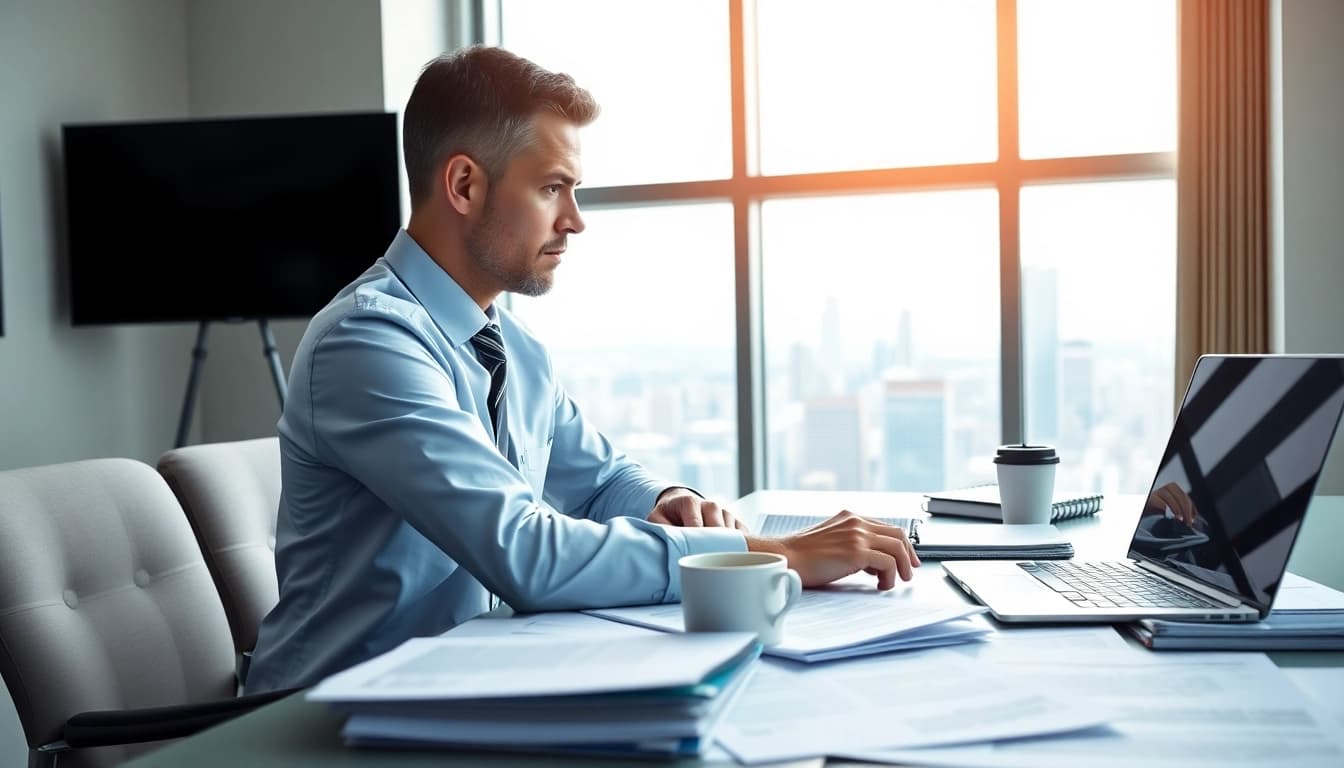 Consultant focusing on contracts and grants in a modern office environment.