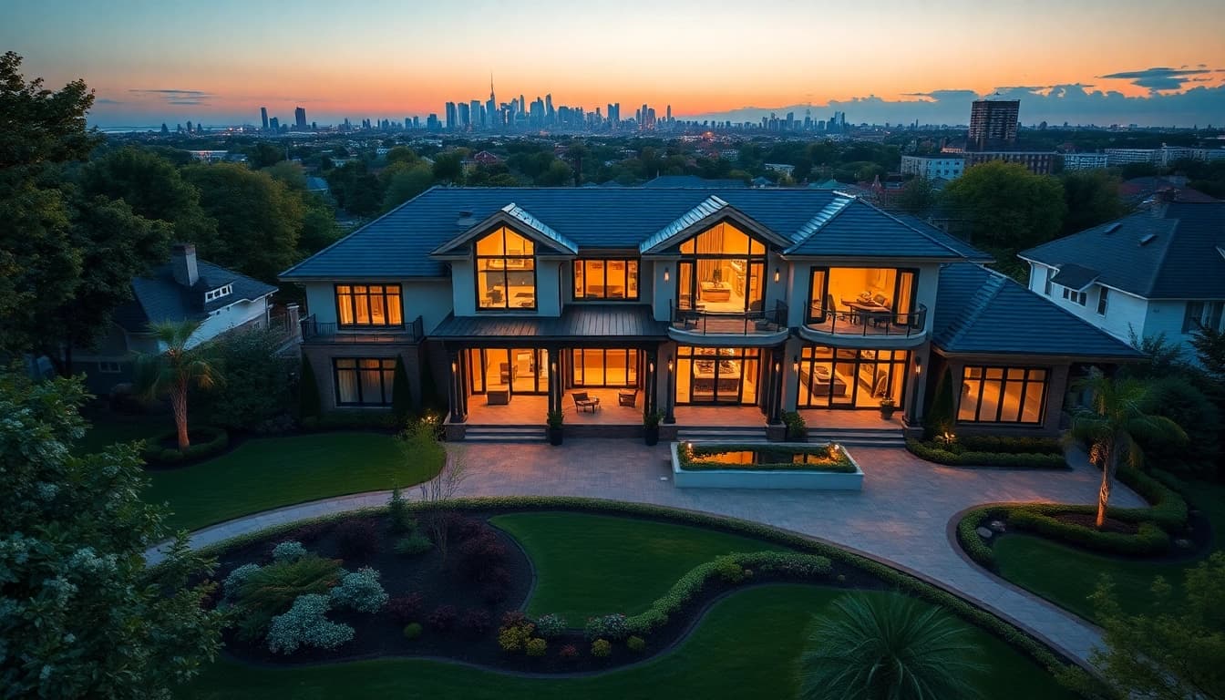 Luxury home architect Boston showcasing elegant mansion design amidst manicured landscaping.