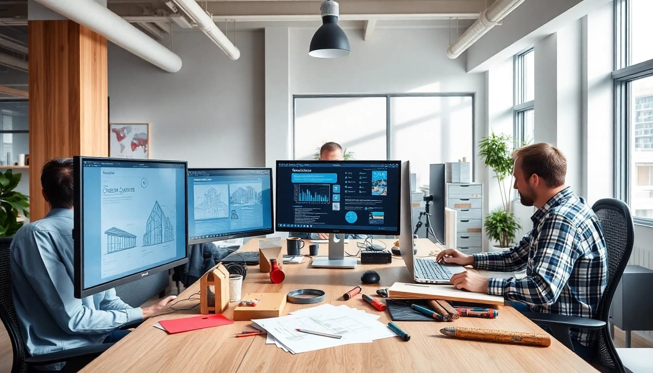Showcase of web design essex for trades with designers collaborating in a bright office.