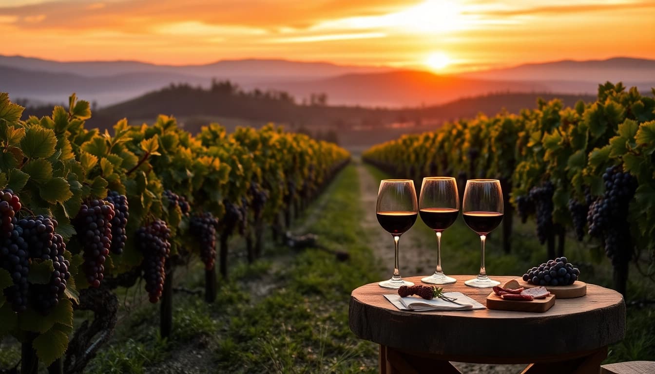 Experience the beauty of northern california wine country with vineyards and a sunset backdrop.