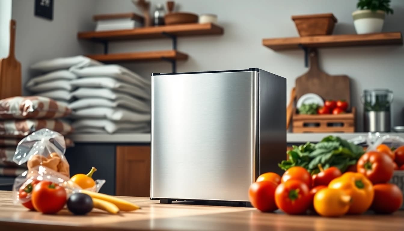 Showcasing a mini freezer in a modern kitchen, highlighting its features and practicality.