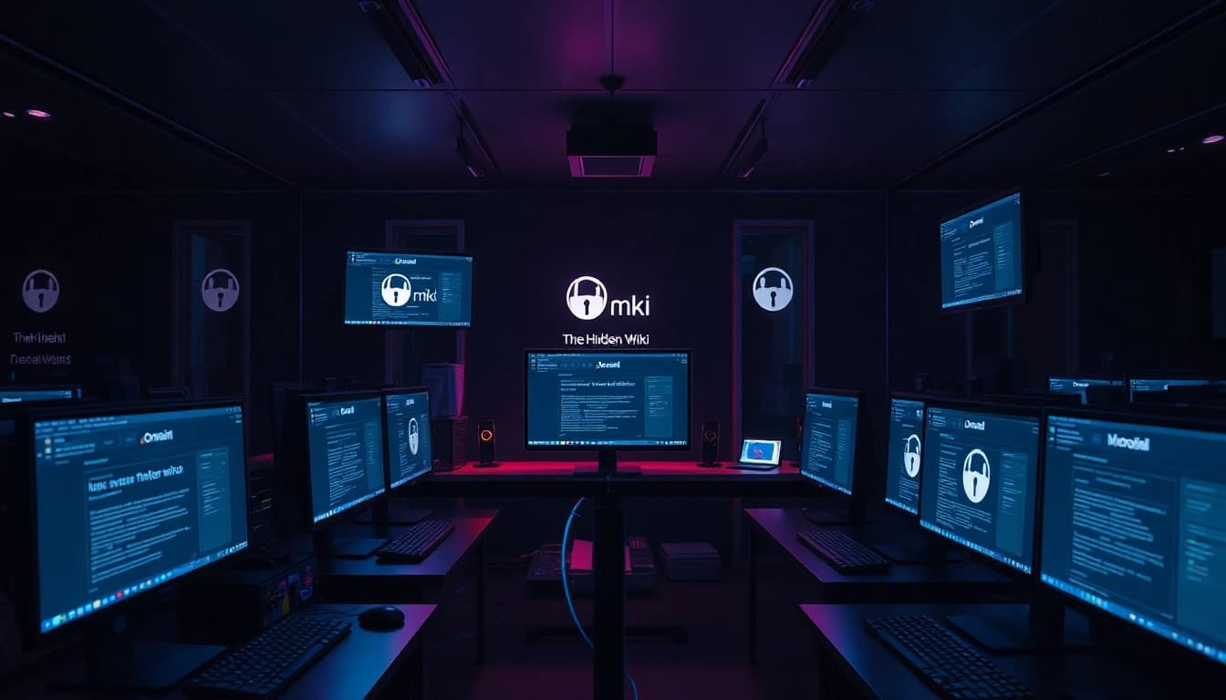 The hidden wiki tor depicted in a dimly lit cyber café with .onion website displays, symbolizing dark web anonymity.