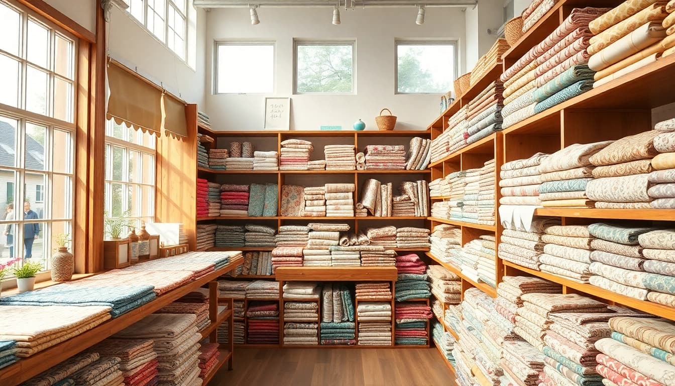 Ontdek katoenen stof per meter in een mooi gestructureerde stoffenwinkel vol kleur.