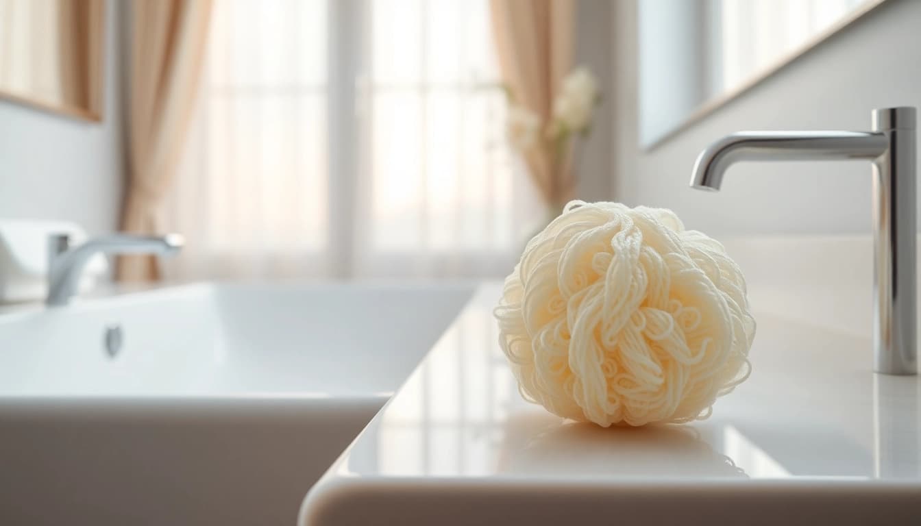 Clean makeup remover loofah on a modern sink, highlighting its texture and charm.