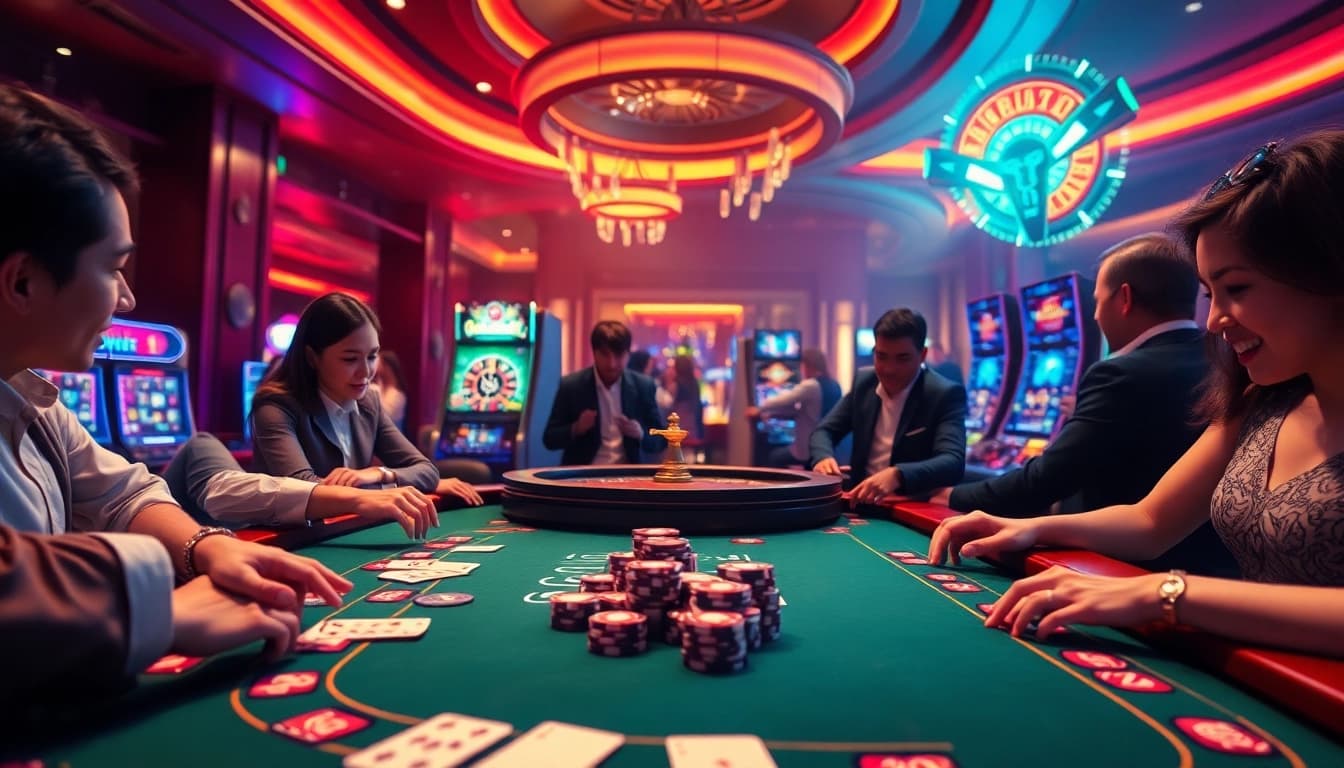 Excited players engage at an MK8-themed casino table, showcasing luxury gaming elements.