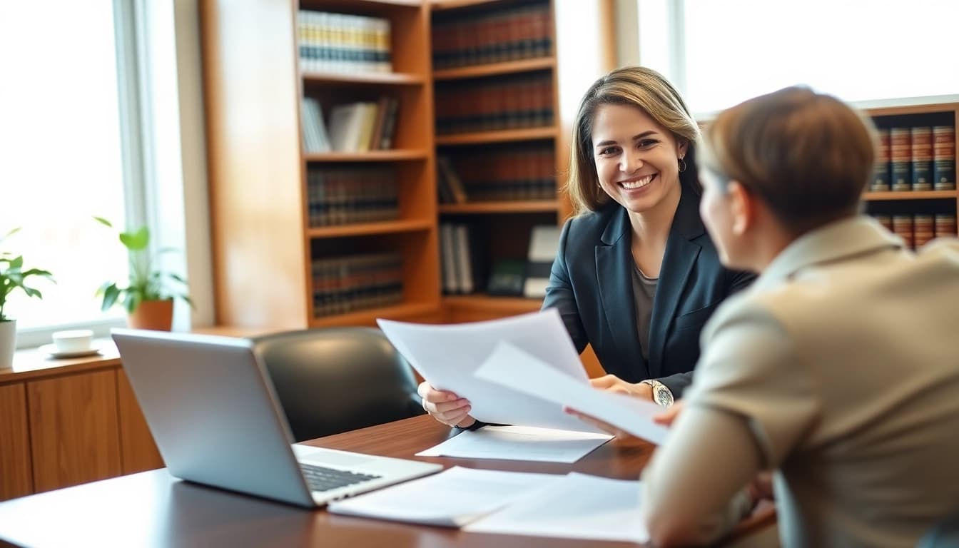Engaging New Hampshire Immigration Attorney discussing legal options with a client in a professional office.