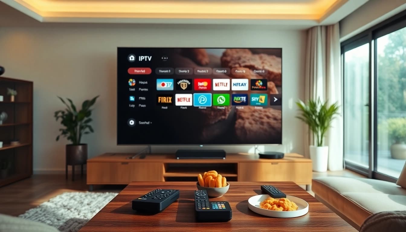 Stream IPTV content on a beautifully designed TV interface showcasing live channels and options.
