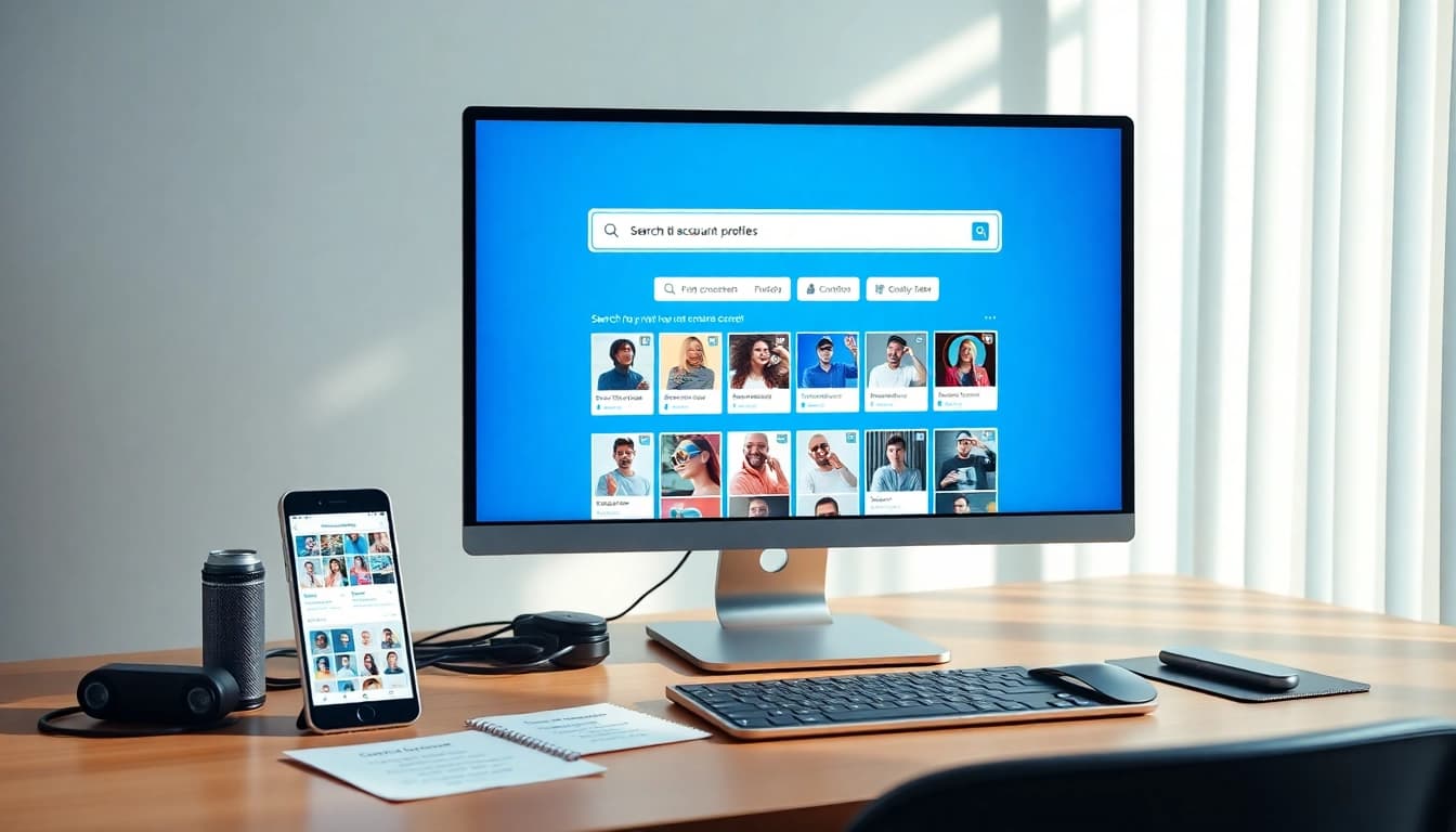 Visual representation of an onlyfans account search engine interface on a desk, showcasing user-friendly features and creator thumbnails.