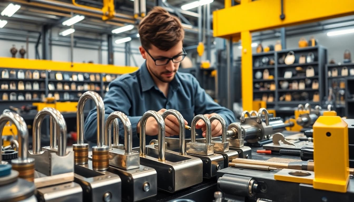 Craftsman at work on high-quality locks featured at https://www.dakenlocks.com in a vibrant industrial setting.