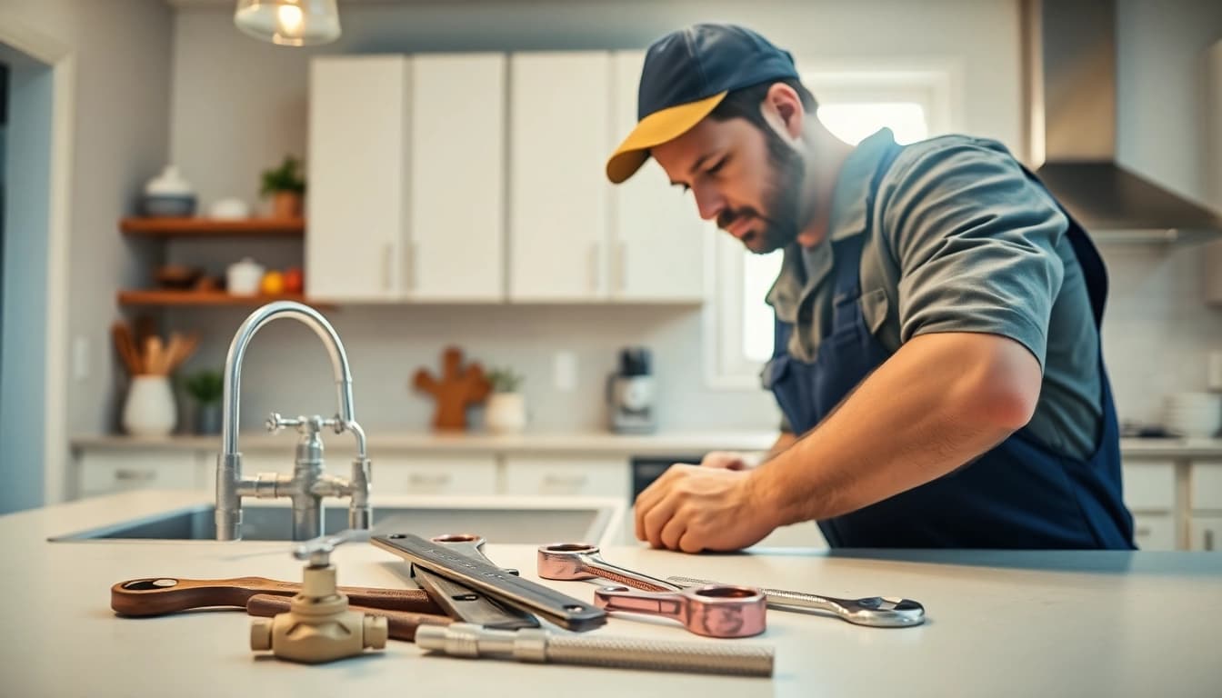 Experienced local plumber repairing a sink in a bright kitchen.