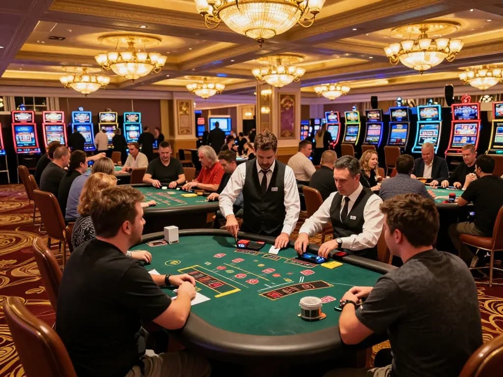 Players engaged at the vibrant trang chủ fly88 blackjack tables in an upscale casino atmosphere, showcasing excitement and skill.
