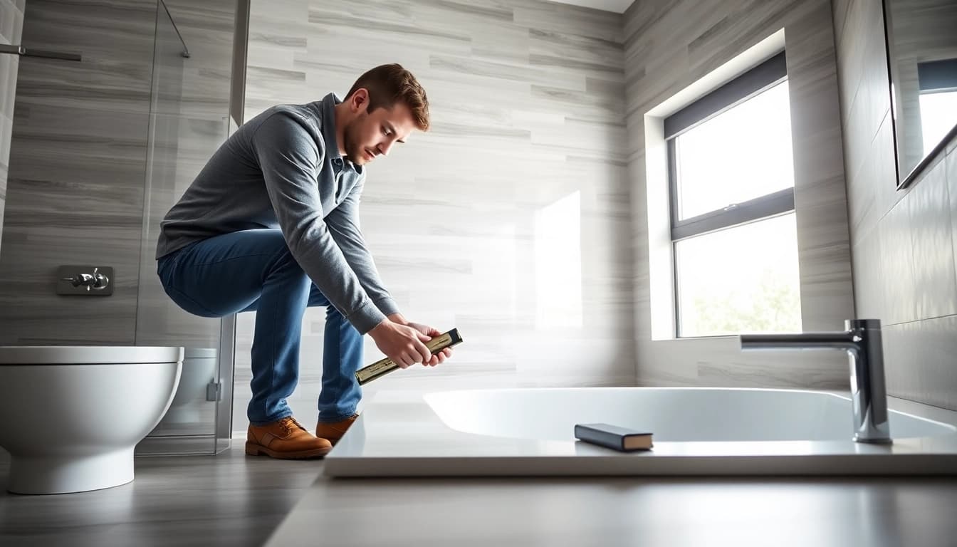 Bathroom installer measuring and installing fixtures in a well-lit modern bathroom.
