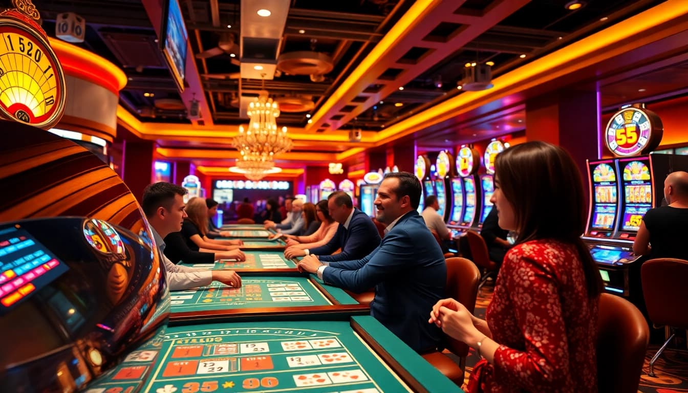 Spielen Sie online casino spielen in einem lebendigen Casino mit begeisterten Spielern am Tisch.