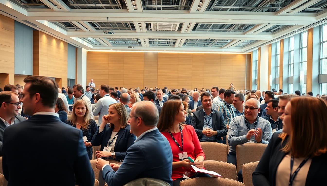 Engaged professionals in construction networking discuss ideas at an energetic event.