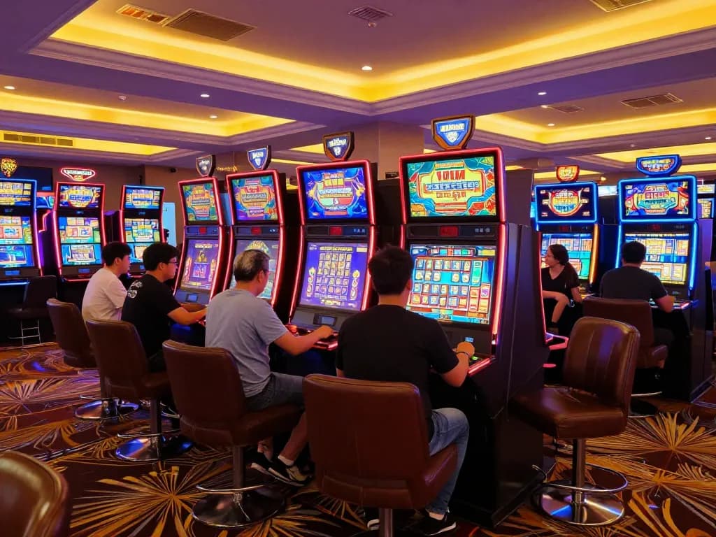 Pemain yang terlibat di area mesin slot kasino yang ramai menikmati permainan slot link yang mengasyikkan.