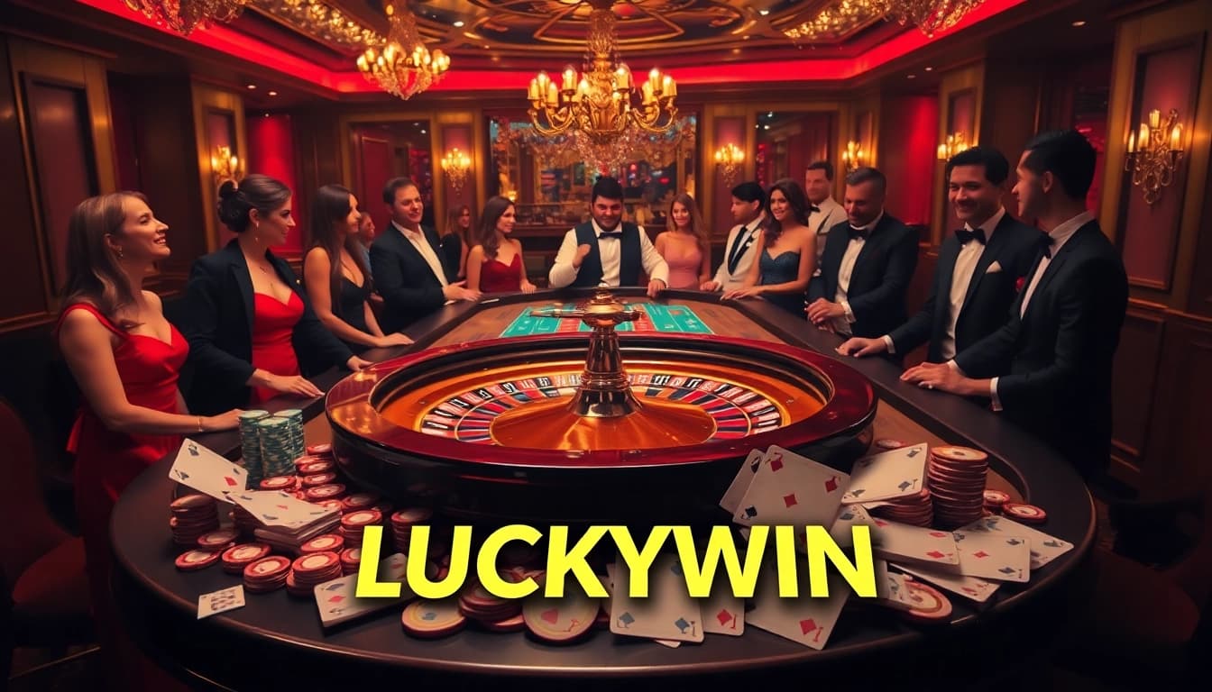 Experience the thrill of LUCKYWIN at a luxurious casino with vibrant roulette and poker action.