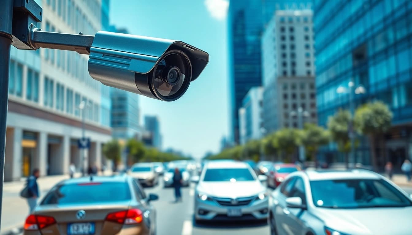 Capture a license plate recognition camera monitoring traffic in an urban setting.