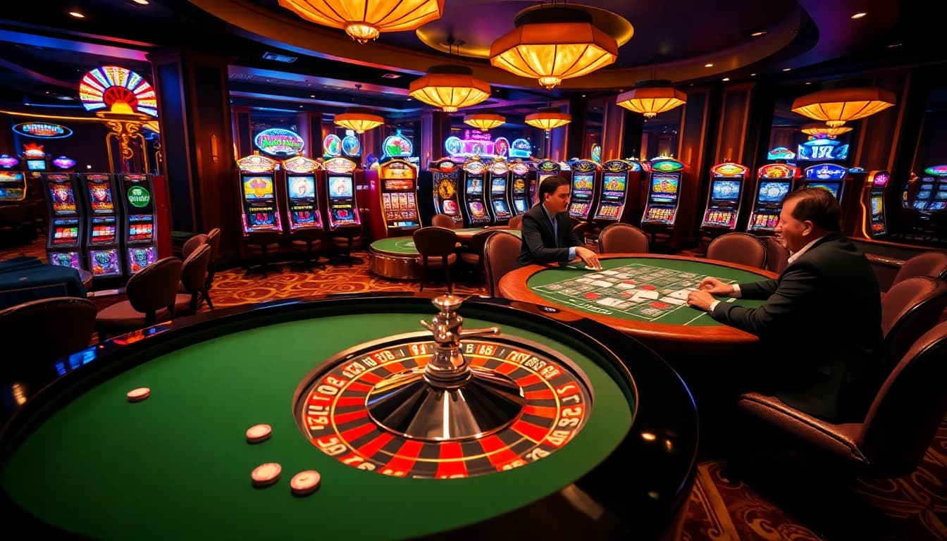 F168 casino players engaging at a poker table amidst vibrant slot machines.