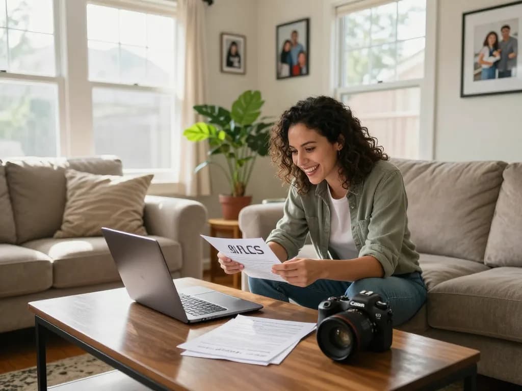 Home seller reviewing we buy houses for cash offers in a cozy living room.