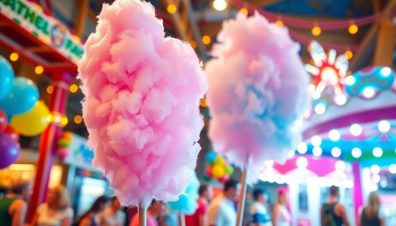 Geniet van een kleurrijke wafel katoen die vrolijk zweeft op een kermis vol plezier.