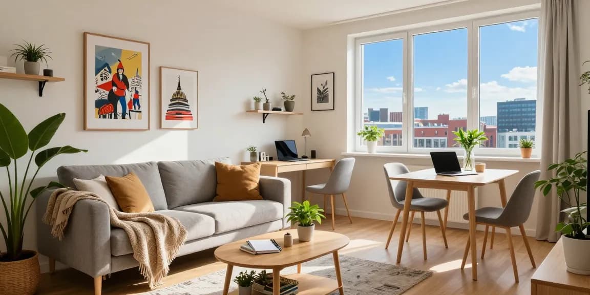 Monteurzimmer mieten Hannover: Gemütliches Apartment in Hannover mit stilvollem Wohnbereich und Arbeitsplatz.