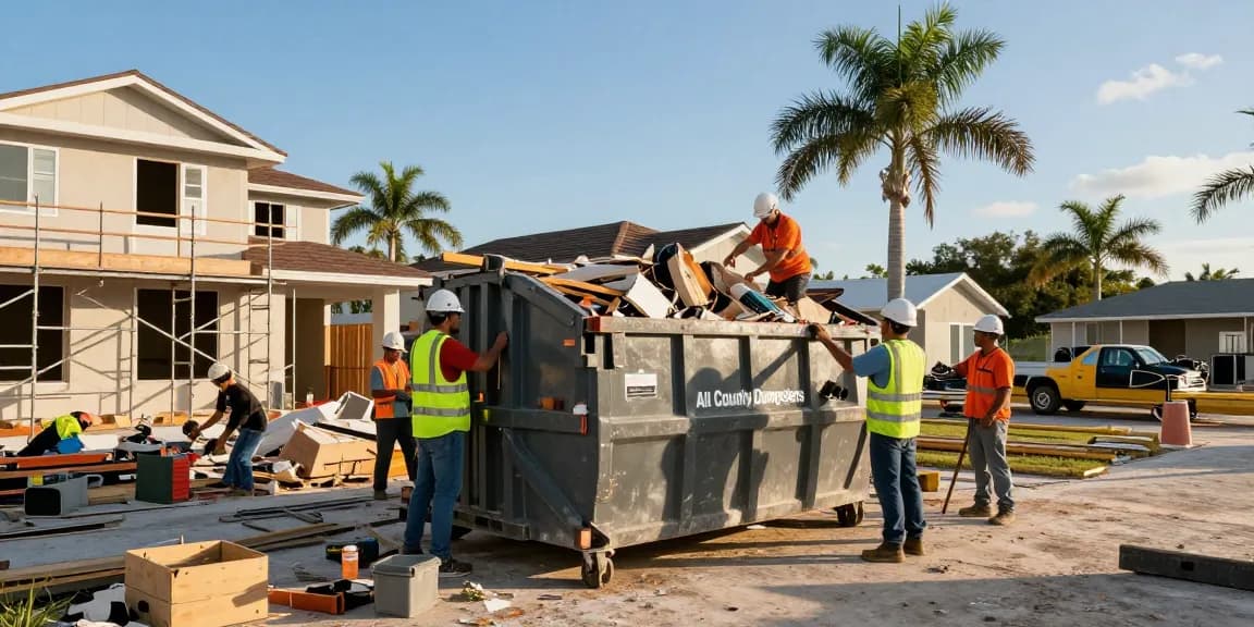 Efficient Dumpster Rental in Fort Myers FL at a busy construction site with contractors and roll-off dumpsters.