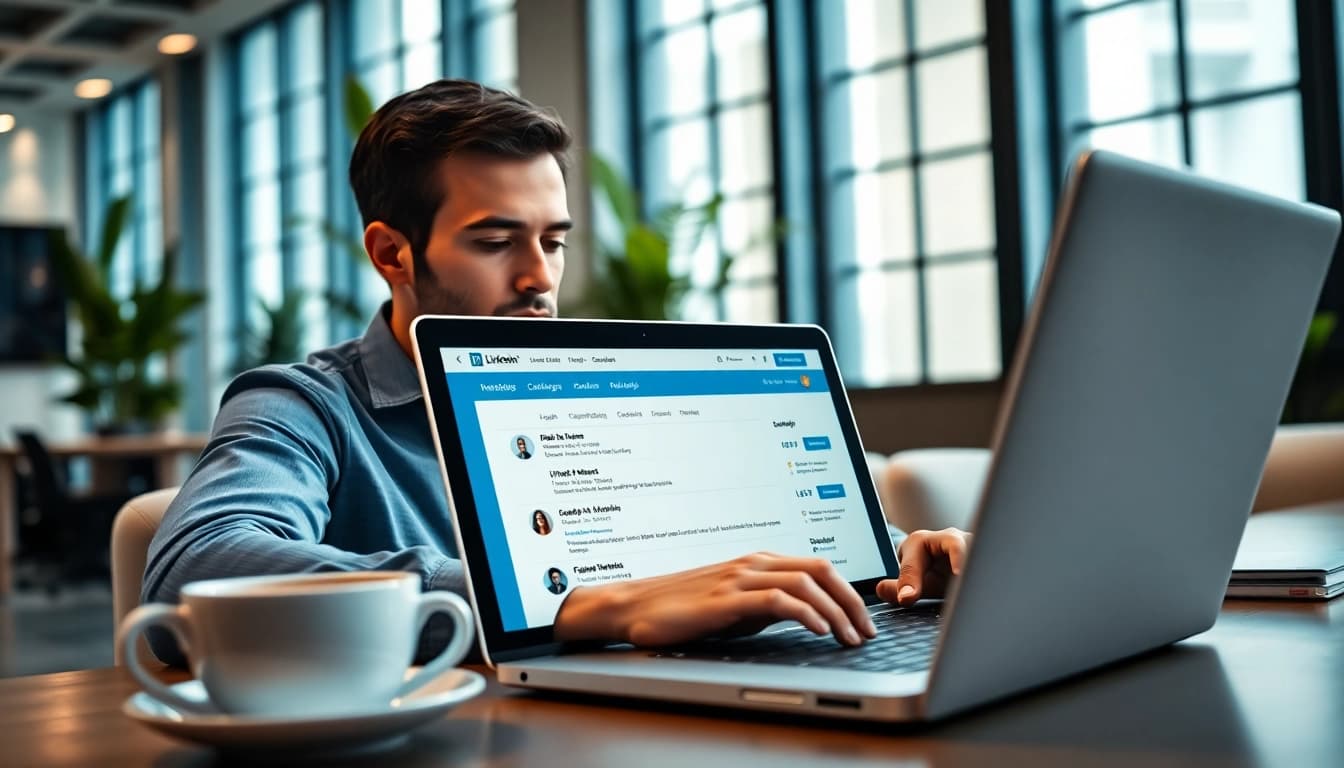 Efficiently scrape linkedin search results displayed on a laptop in a modern office.