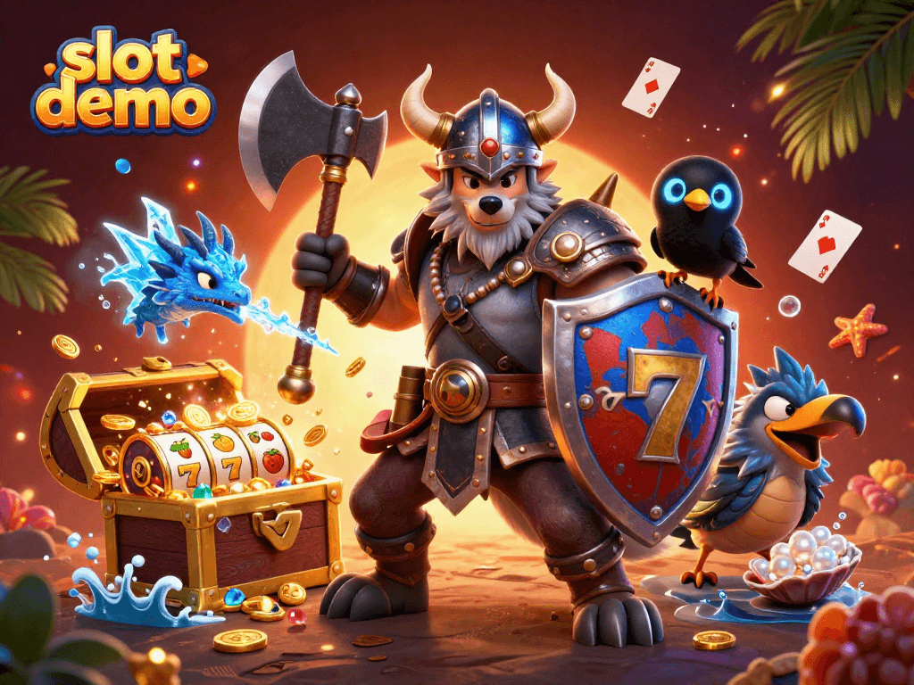 Engage with the slot demo featuring colorful slot reels, Viking warrior, dragon, and radiant gems.