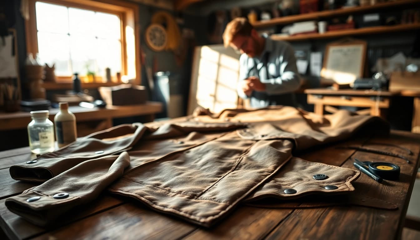 Restoring vintage leather jackets and gear with detailed craftsmanship in a cozy workshop