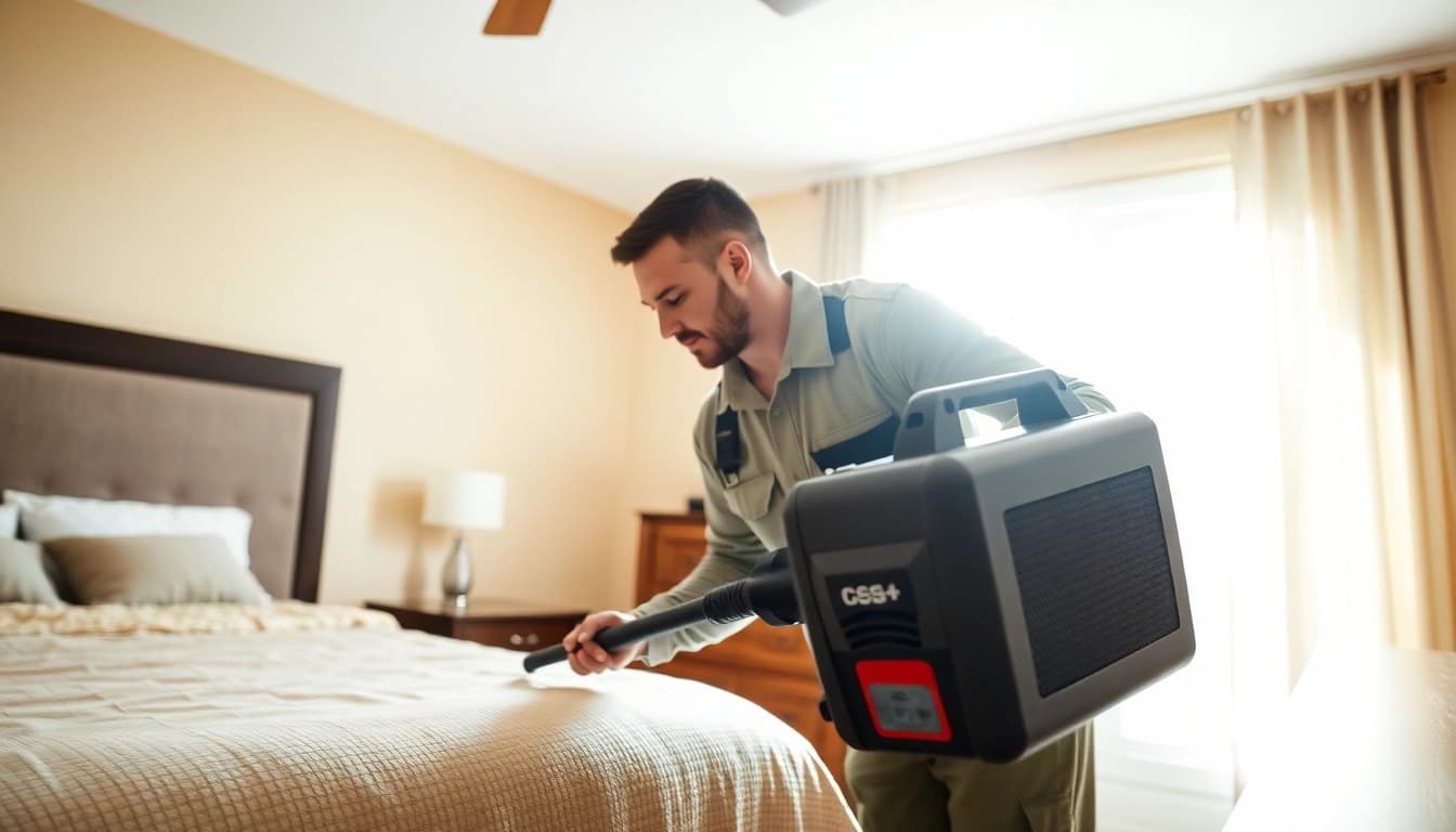 Technician conducting bed bug heat treatment in a brightly lit bedroom.