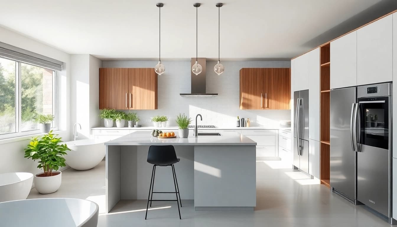 Showcasing bathroom and kitchen remodeling, a modern kitchen features elegant designs and natural light.