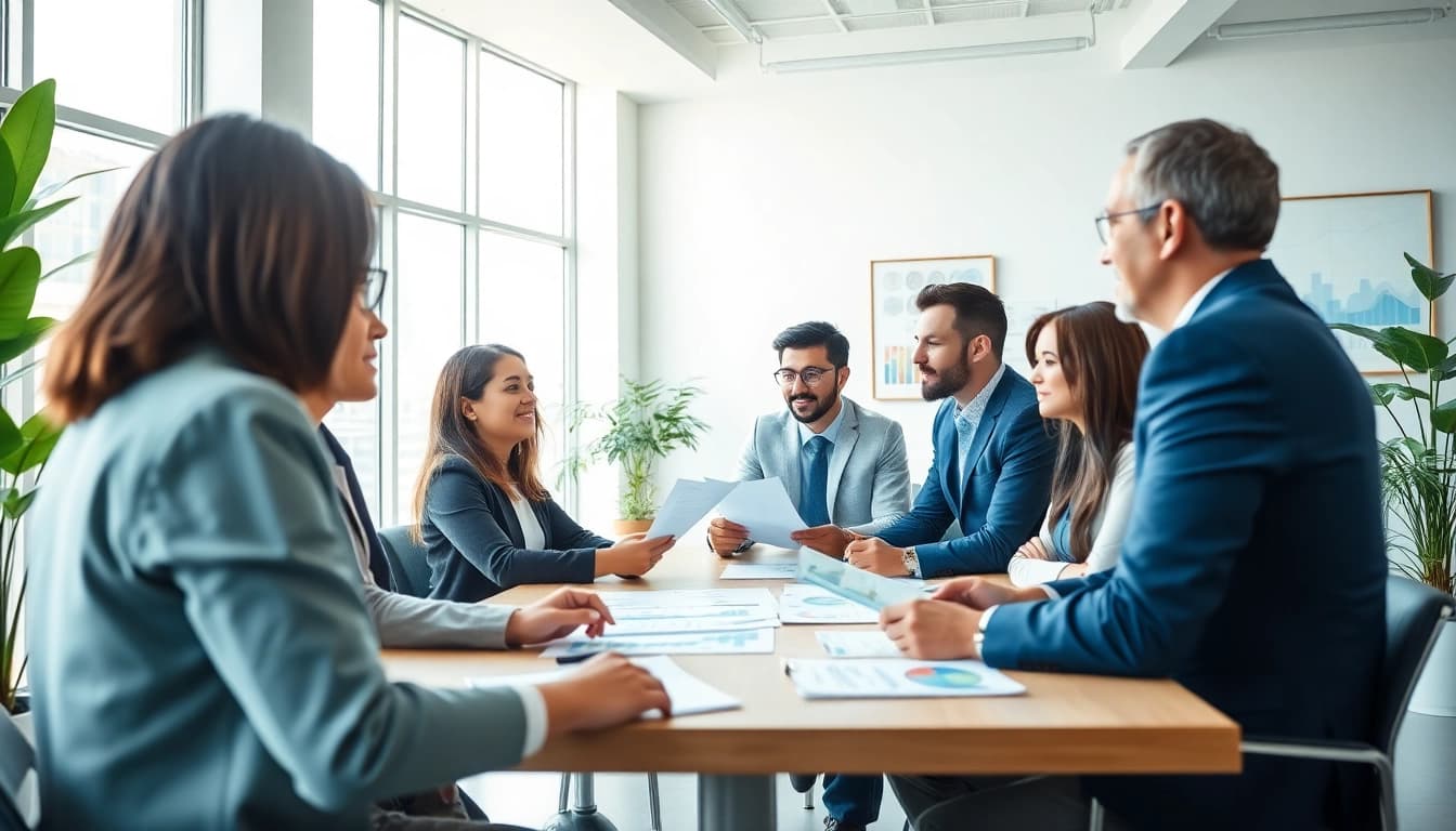 Engaging financial advisor San Antonio guiding clients in a modern office.