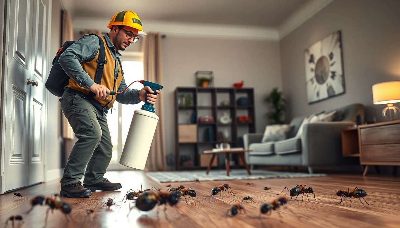 Immediate bug extermination performed by an expert in a living room protecting from pests.
