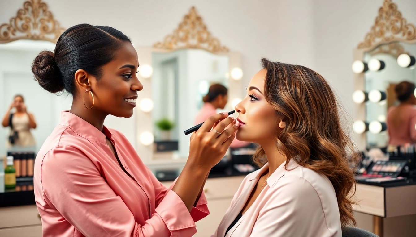Delaware makeup artist expertly enhancing a client's beauty in a stylish studio.