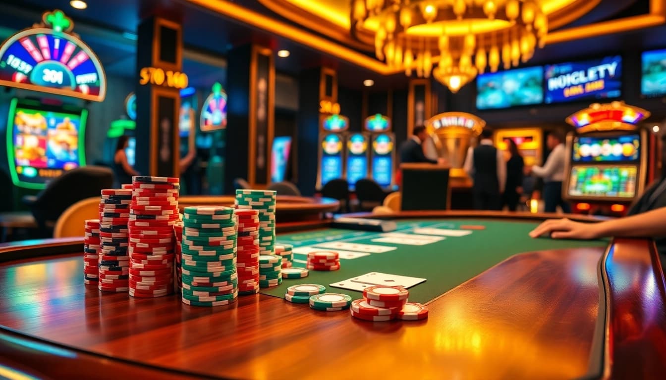 Thrilling casino scene with poker chips and cards on trang chủ tobet88 giving a vibrant gambling atmosphere.