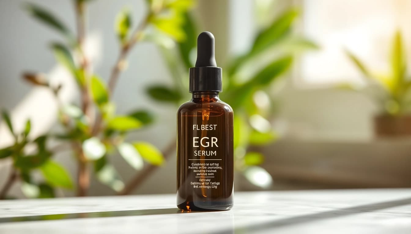 Discover the best EGF serum showcasing its elegant bottle in a natural, bright setting.