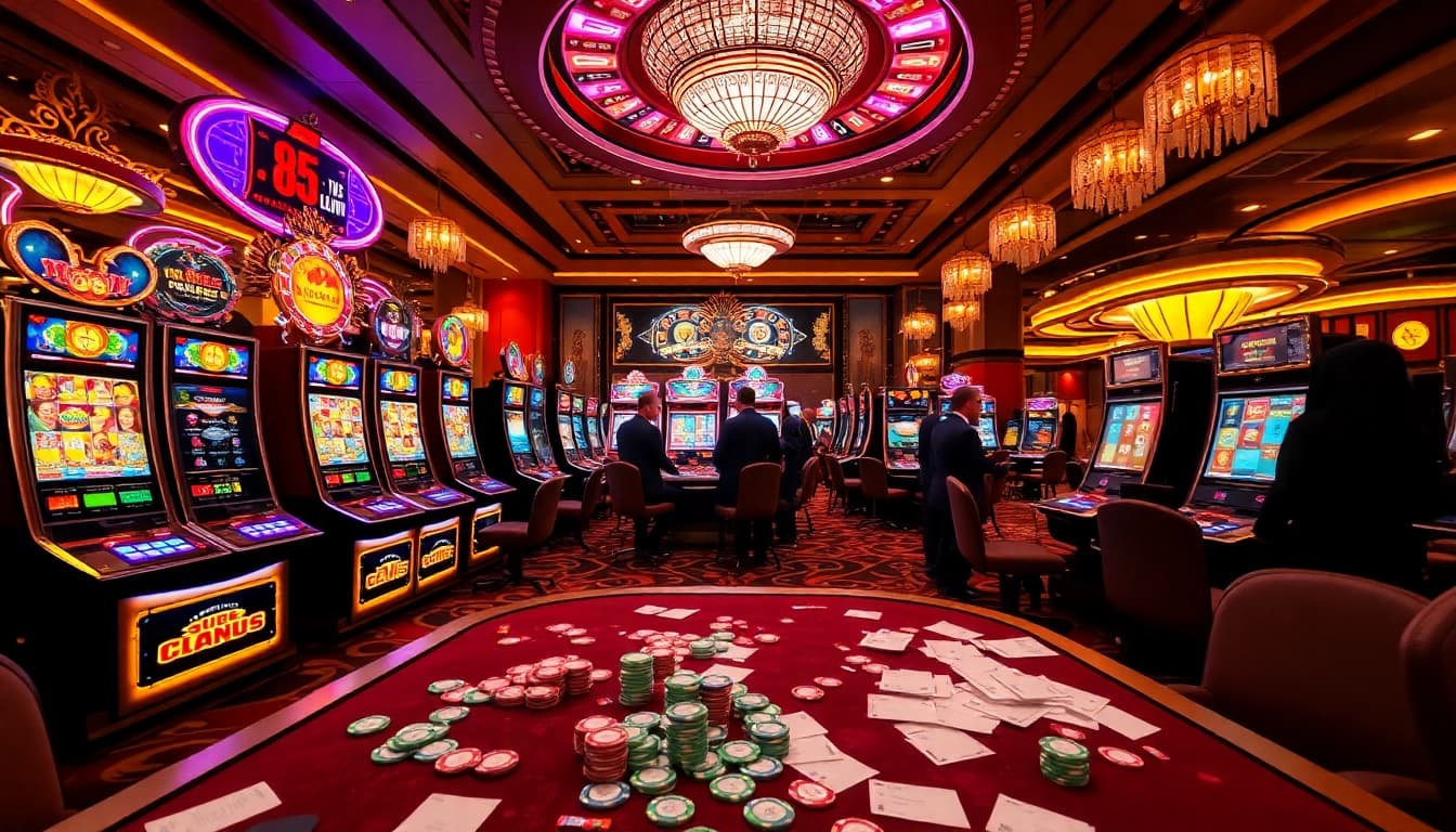 Play exciting judi slot games in a luxurious casino filled with vibrant slot machines and enthusiastic players.