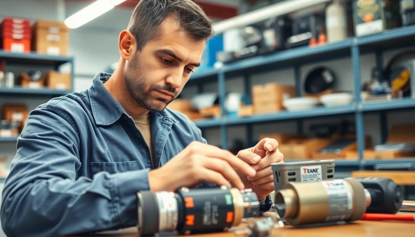 Find the right Trane parts dealer near me with a professional technician inspecting HVAC components.