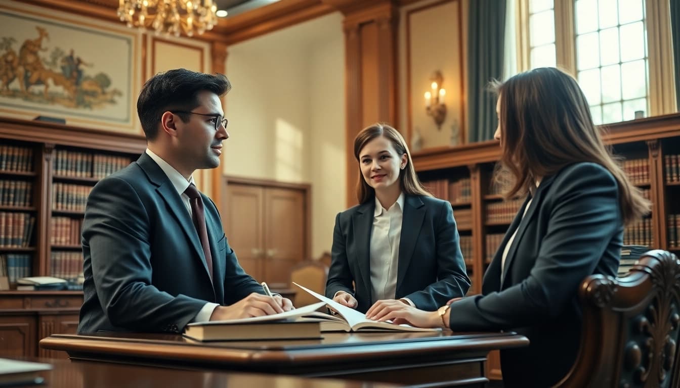 Engaging USA lawyers discussing in a sophisticated office environment.