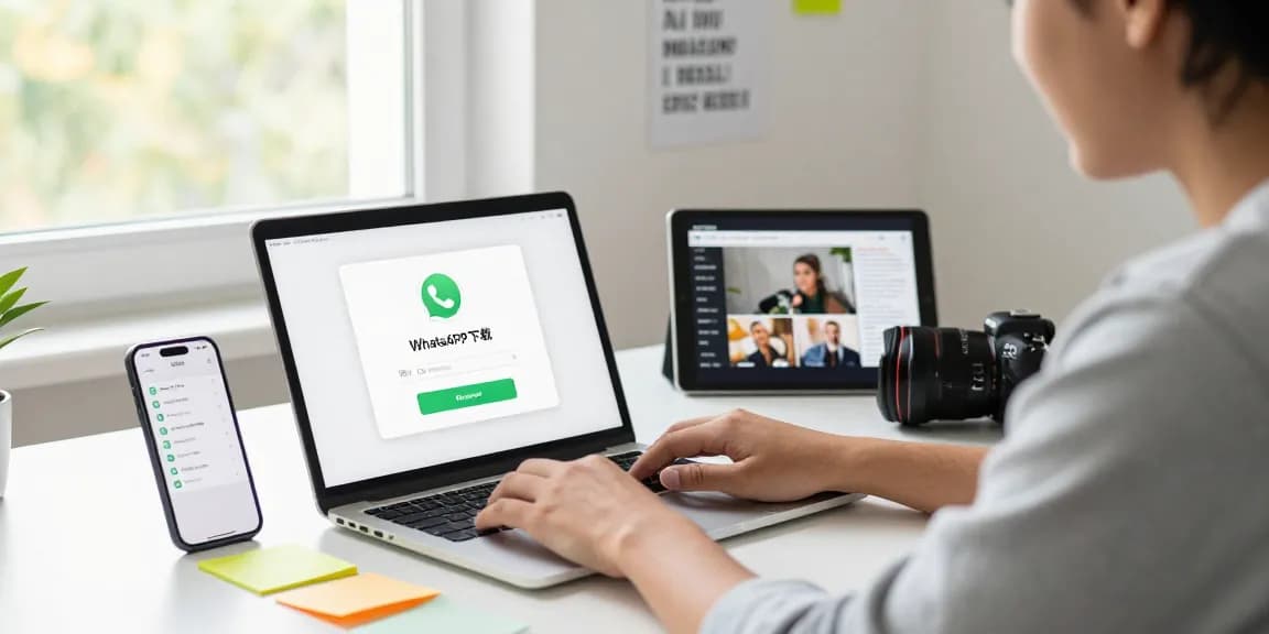 WhatsApp下載 on a laptop screen with workspace elements promoting productivity and innovation in technology