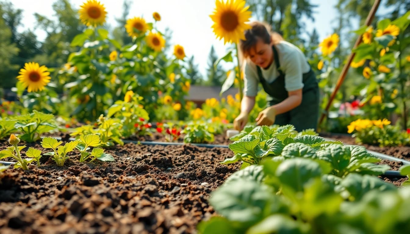 Gardening enthusiast nurturing vibrant plants in a flourishing community garden.