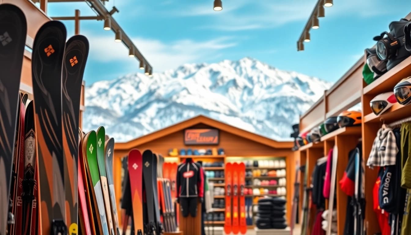 Ski shop featuring high-quality gear and apparel amid a cozy winter ambiance.