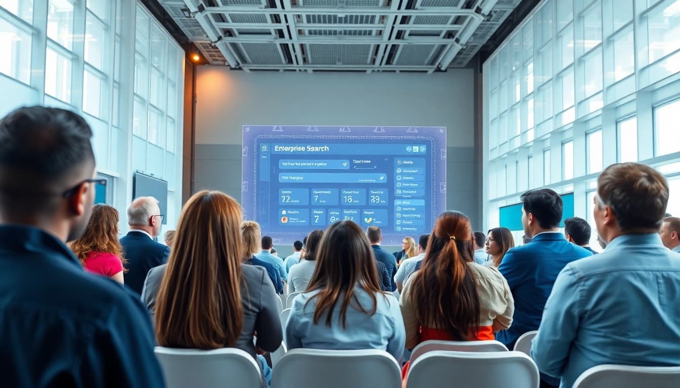 Showcasing an interactive enterprise search engine interface at a tech conference.