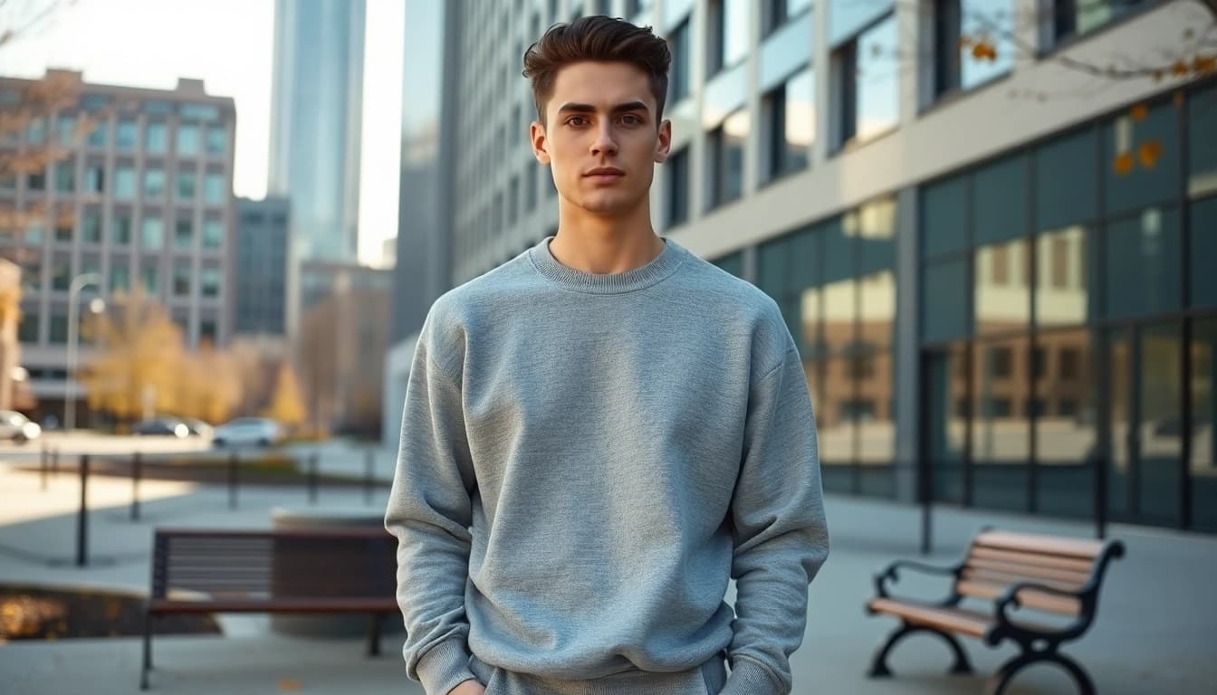 Show a stylish model wearing a crew neck sweatshirt in an urban park setting.